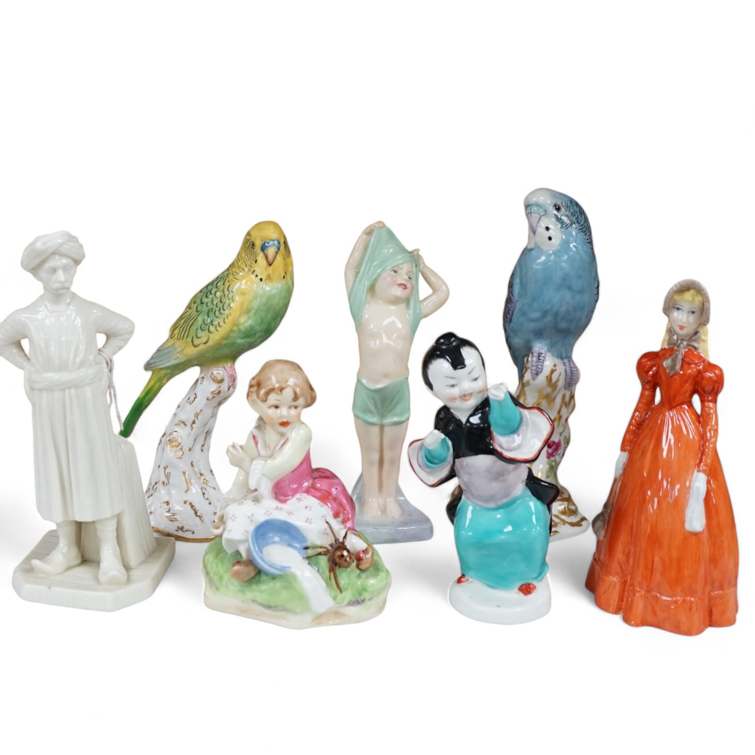 Seven various Royal Worcester figures including ‘Rendevous’, ‘Little Miss Muffet’ and ‘To Bed’, largest 18cm high. Condition - good